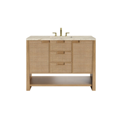 Renovate for Less Atlanta Solene 48" Single Vanity, Seaside Oak, w/ 3 CM Tajnar Eclos Top w/FreePower Wireless Charger
