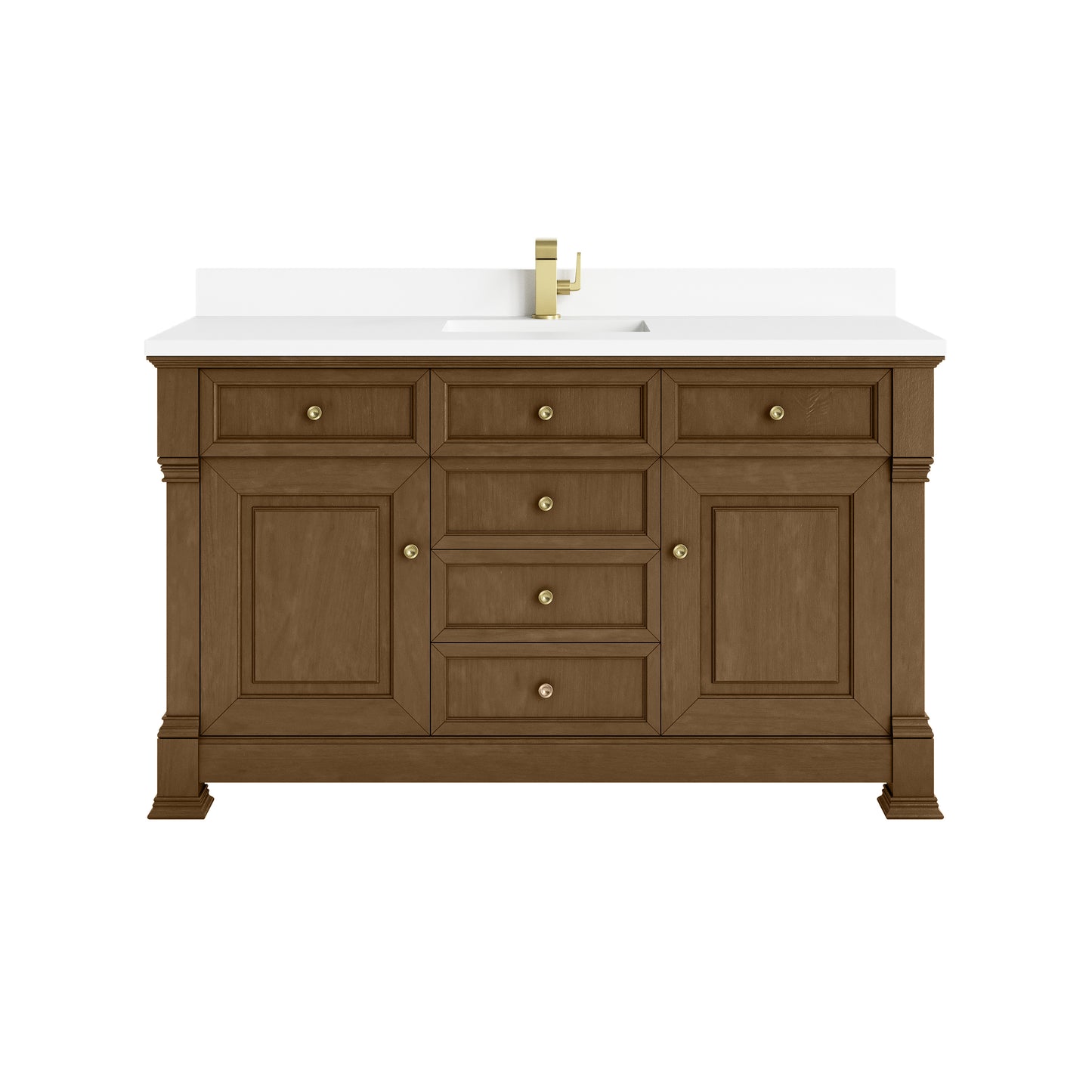 Renovate for Less Atlanta Brookfield 60" Single Vanity, Honey Oak w/ Single Hole 3 CM White Zeus Silestone Top & Backsplash