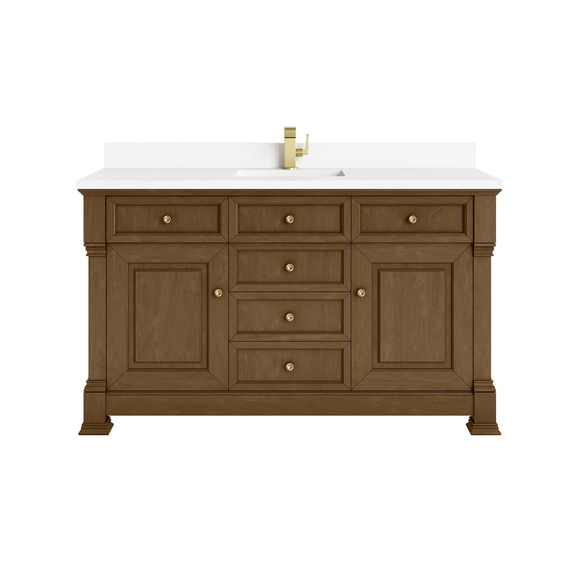 Renovate for Less Atlanta Brookfield 60" Single Vanity, Honey Oak w/ Single Hole 3 CM White Zeus Silestone Top & Backsplash