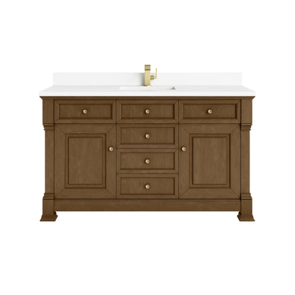 Renovate for Less Atlanta Brookfield 60" Single Vanity, Honey Oak w/ Single Hole 3 CM White Zeus Silestone Top & Backsplash