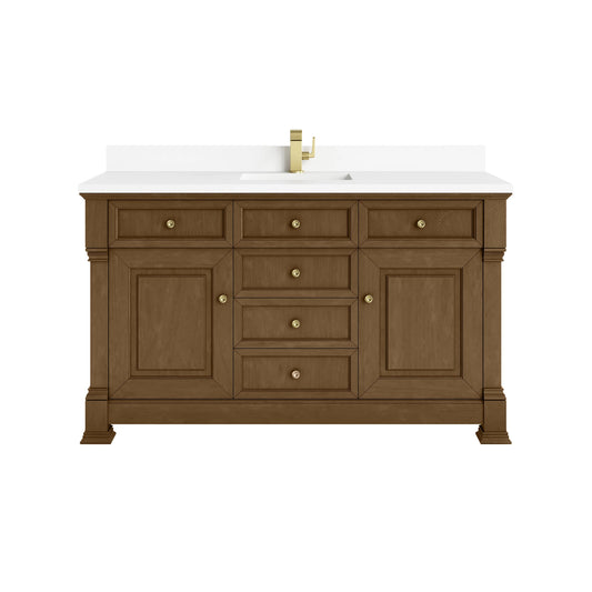 Brookfield 60" Single Vanity, Honey Oak w/ Single Hole 3 CM White Zeus Silestone Top & Backsplash