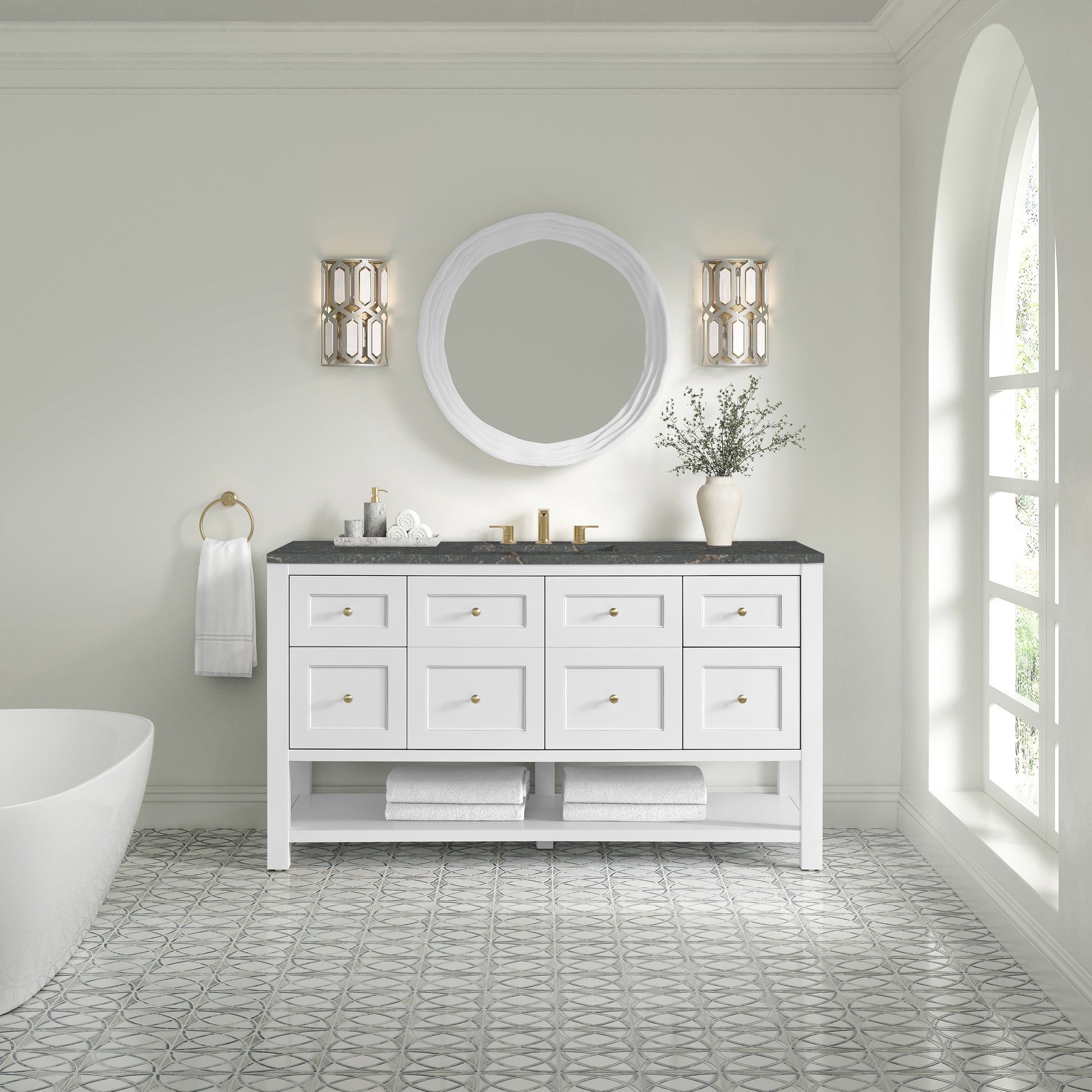 Renovate for Less Atlanta Breckenridge 60" Single Vanity Cabinet, Bright White w/ 3 CM Parisien Bleu Top w/ FreePower Wireless Charger