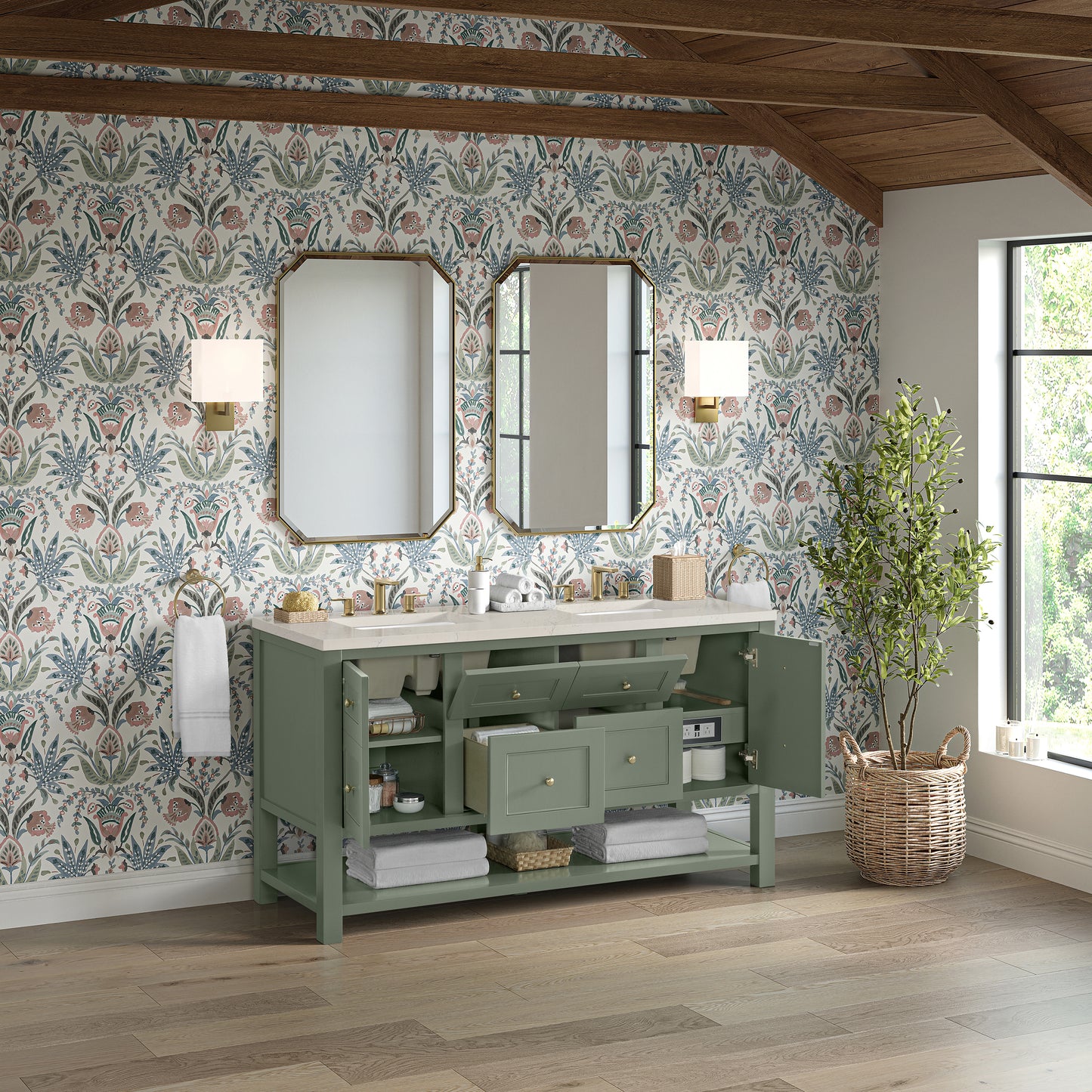 Renovate for Less Atlanta Breckenridge 60" Double Vanity, Smokey Celadon, w/ 3 CM Siberian Silestone Top
