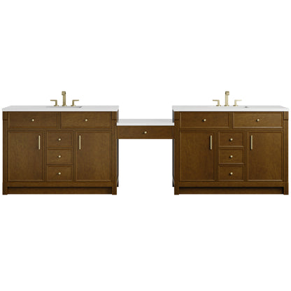 Renovate for Less Atlanta Bellshire 120" Dual Vanity Set with 24" Make-Up Counter, Honey Oak w/3 cm White Zeus Silestone Top