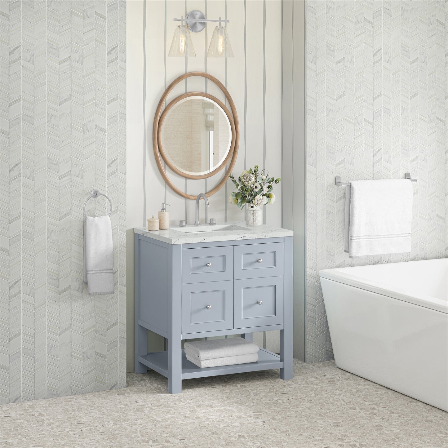 Renovate for Less Atlanta Breckenridge 30" Single Vanity, Serenity Blue, w/ 3 CM Ethereal Noctis Quartz Top