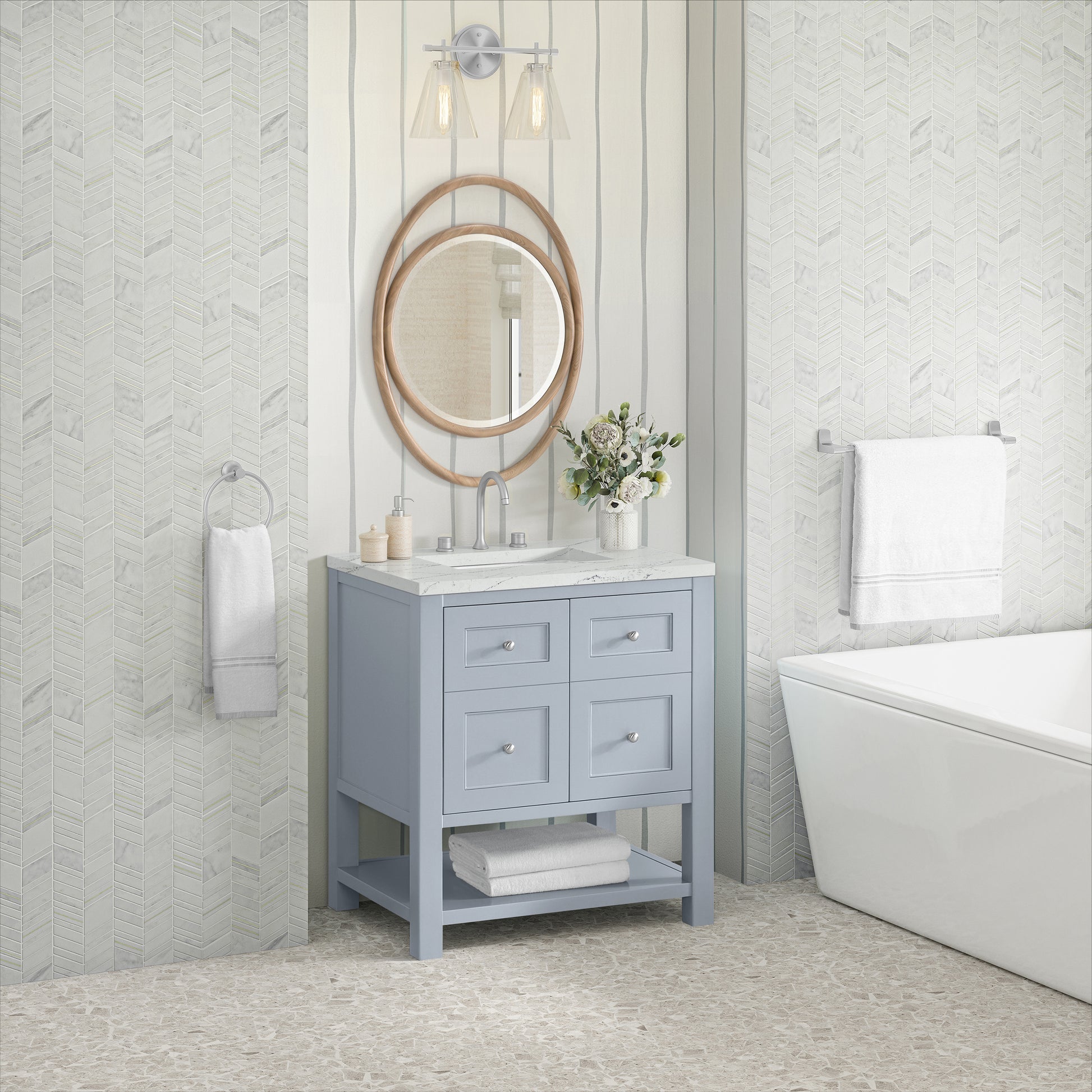 Renovate for Less Atlanta Breckenridge 30" Single Vanity, Serenity Blue, w/ 3 CM Ethereal Noctis Quartz Top