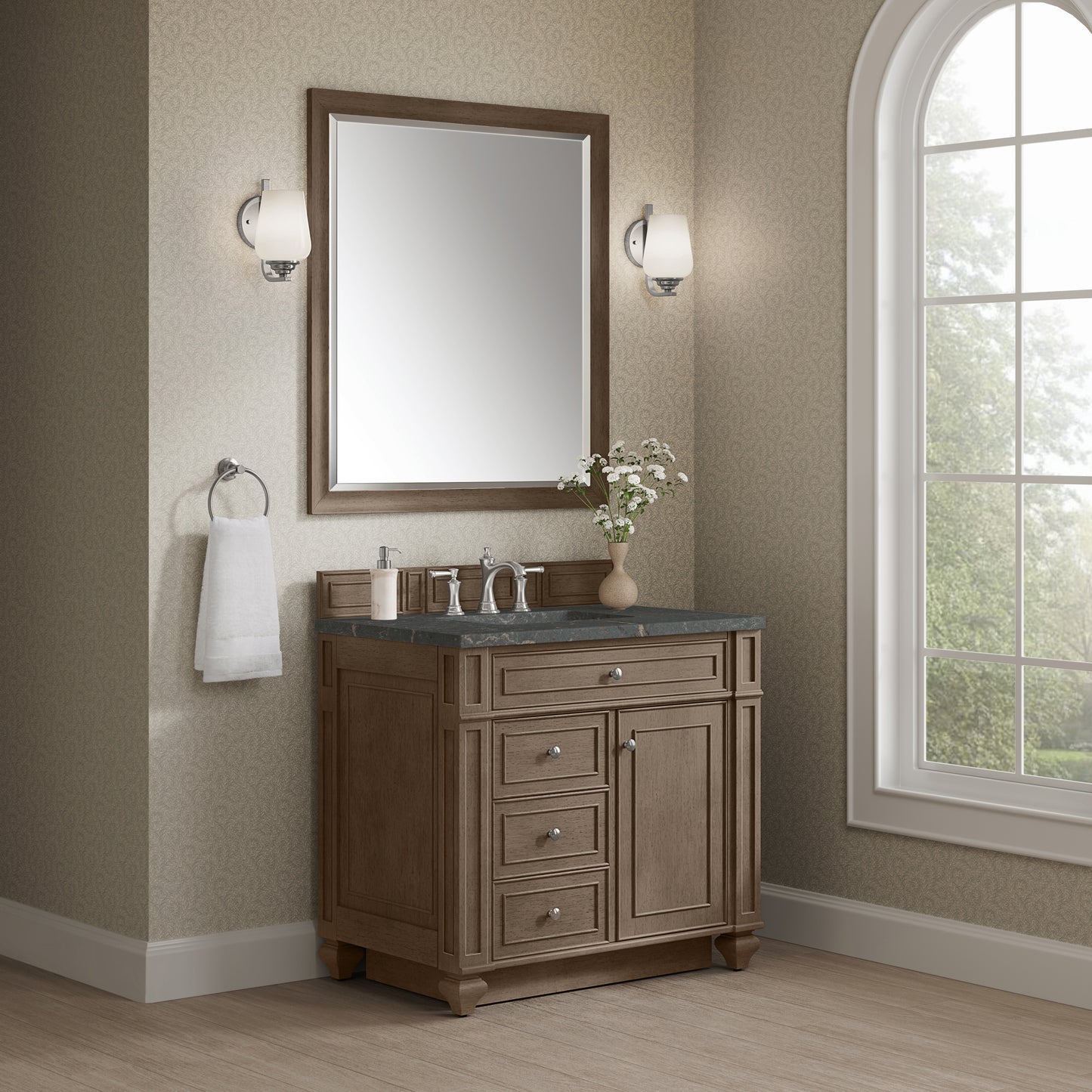 Renovate for Less Atlanta Bristol 36" Single Vanity, Whitewashed Walnut w/ 3 CM Parisien Bleu Silestone Top