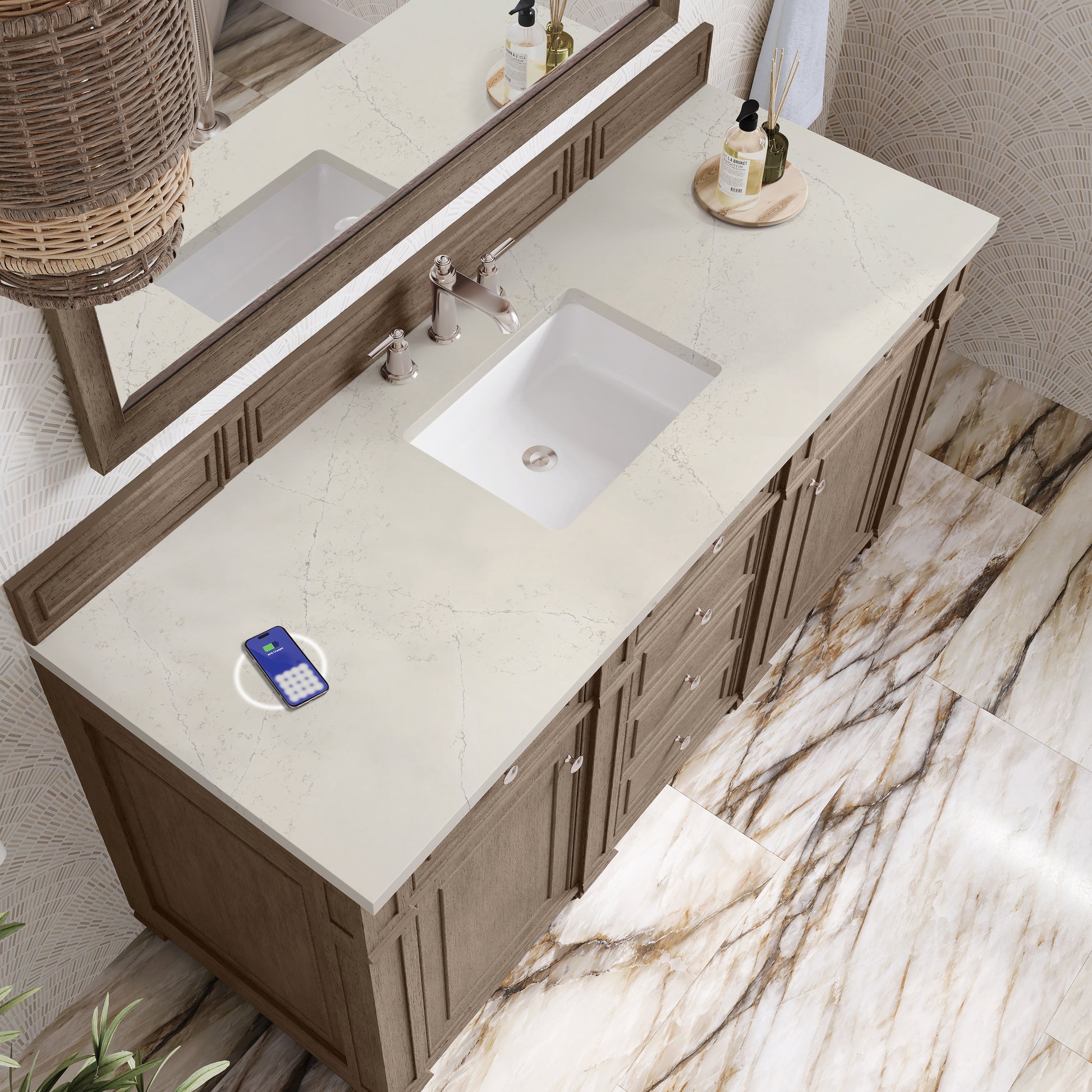 Renovate for Less Atlanta Bristol 60" Single Vanity Whitewashed Walnut, w/ 3 CM Siberian Silestone Top w/FreePower Wireless Charger