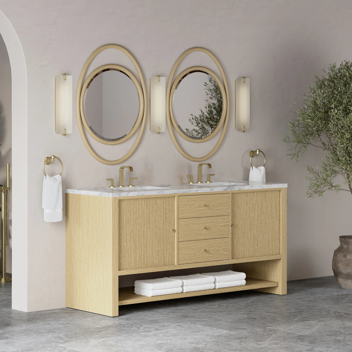 Marigot 72" Double Vanity, Sunwashed Oak w/ 3 CM Carrara White Marble Top
