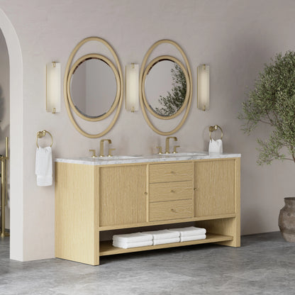 Marigot 72" Double Vanity, Sunwashed Oak w/ 3 CM Carrara White Marble Top