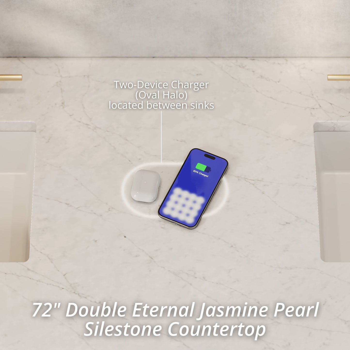 Renovate for Less Atlanta Lorelai 72" Double Vanity, Light Natural Oak w/ 3 CM Eternal Jasmine Pearl Silestone Top w/FreePower Wireless Charger