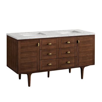 Renovate for Less Atlanta Amberly 60" Double Vanity, Mid-Century Walnut w/ 3 CM Eternal Jasmine Pearl Top w/FreePower Wireless Charger