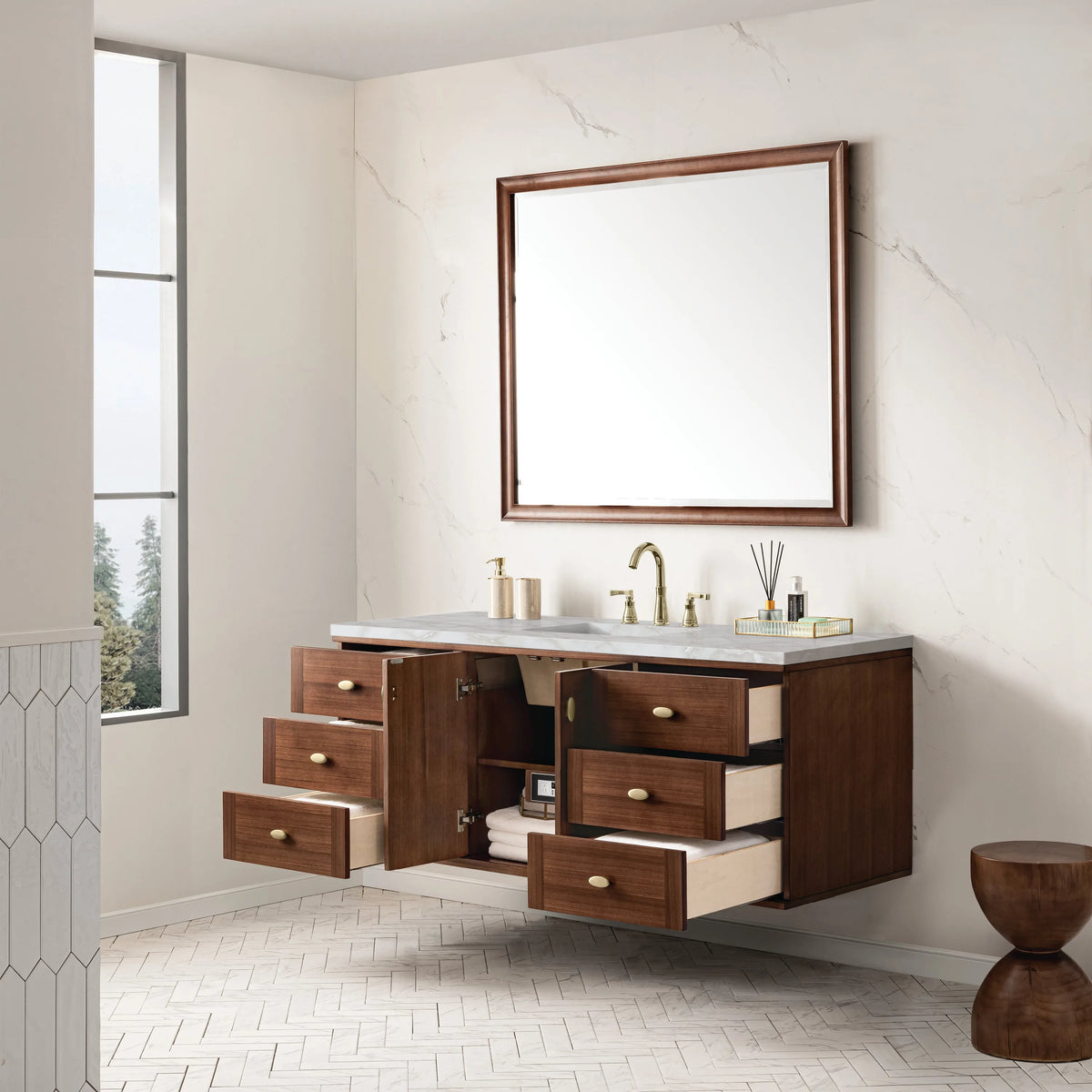 Amberly 60" Single Vanity, Mid-Century Walnut w/ 3 CM Victorian Silver Top