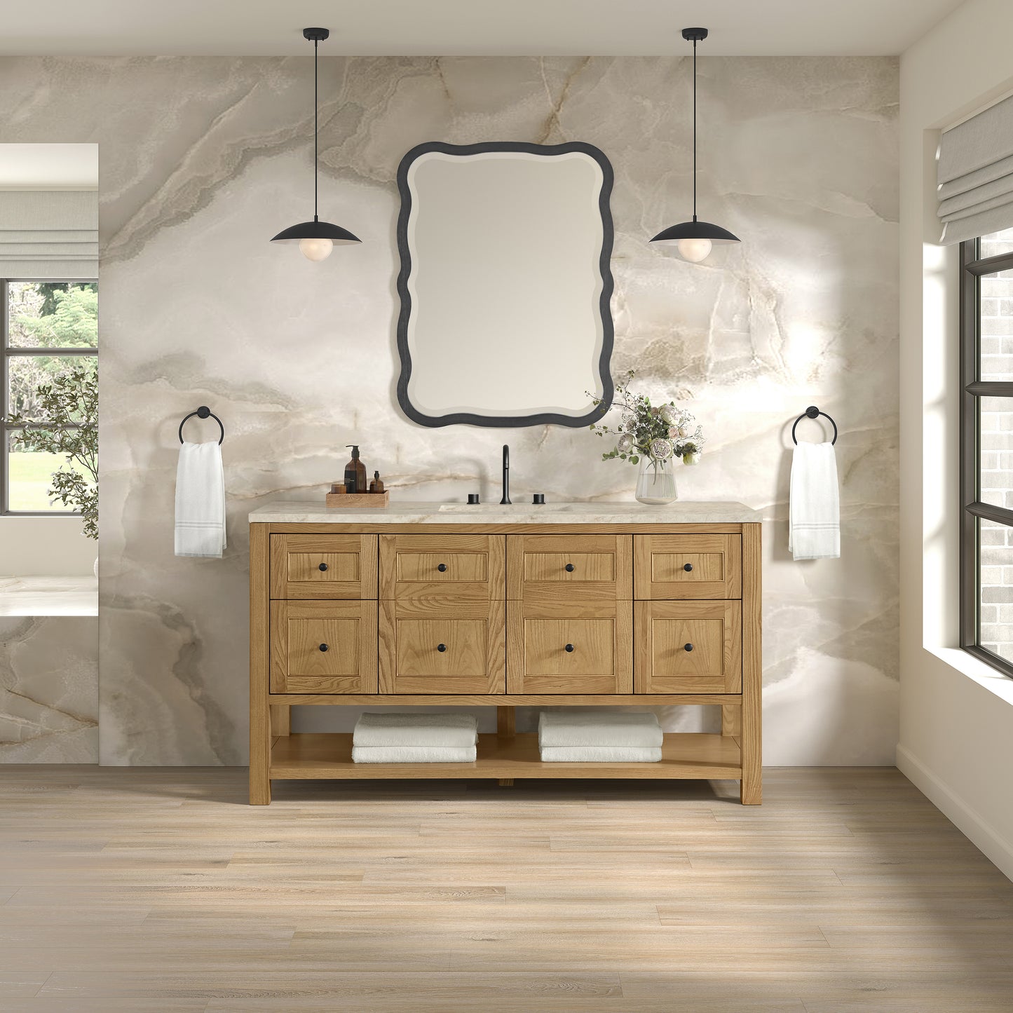 Renovate for Less Atlanta Breckenridge 60" Single Vanity, Light Natural Oak, w/ 3 CM Tajnar Eclos Top w/FreePower Wireless Charger