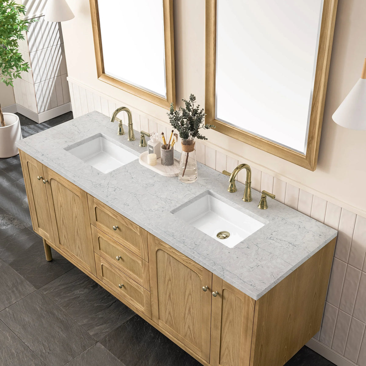 Laurent 72" Double Vanity, Light Natural Oak w/ 3 CM Eternal Jasmine Pearl Top