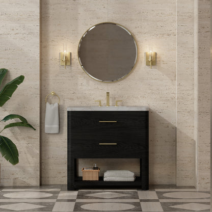 Renovate for Less Atlanta Lucian 36" Single Vanity, Carbon Oak w/ 3 CM Victorian Silver Silestone Widespread Top