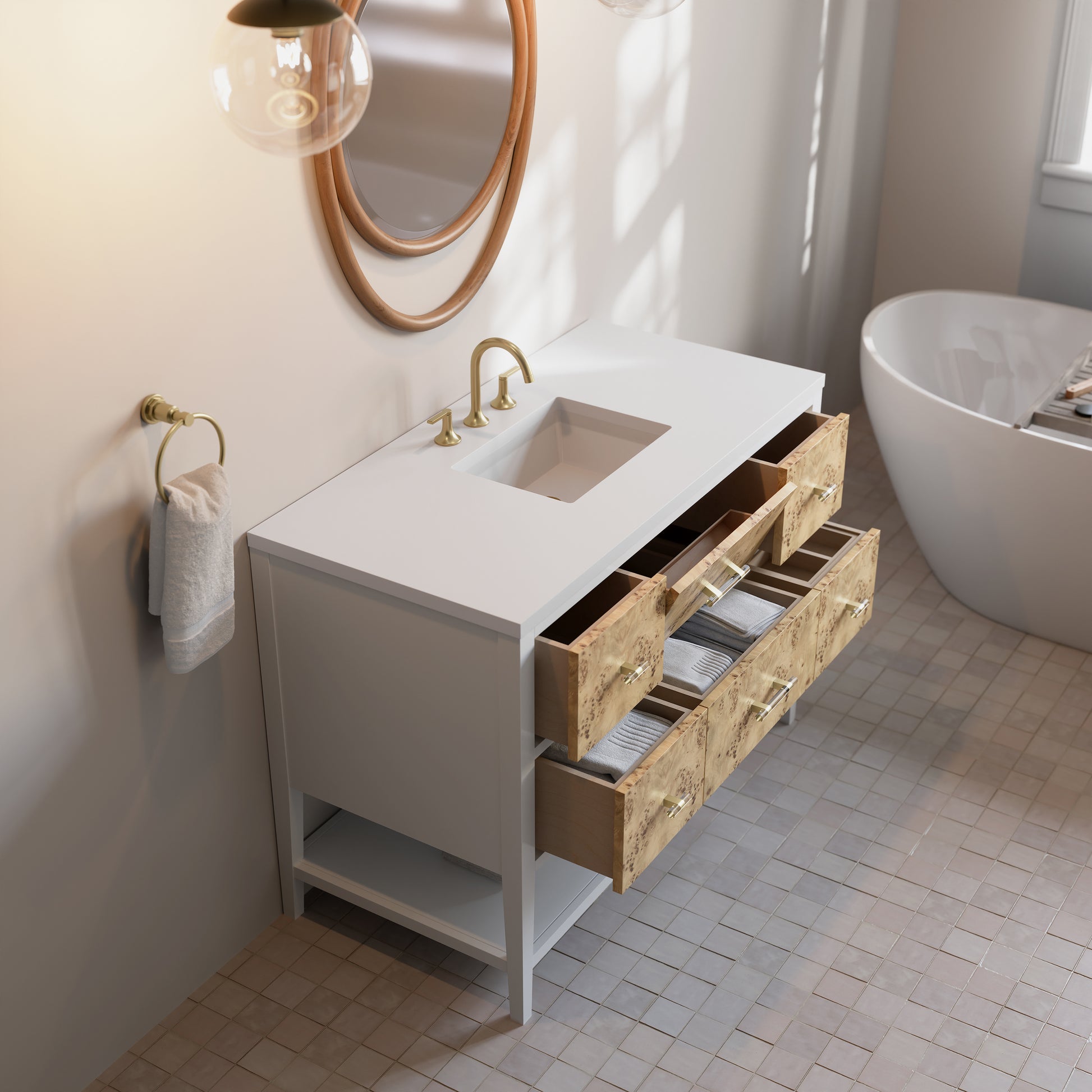 Renovate for Less Atlanta Olena 48" Single Vanity, Light Mappa Burl and Polished White w/ 3 CM White Zeus Silestone Top