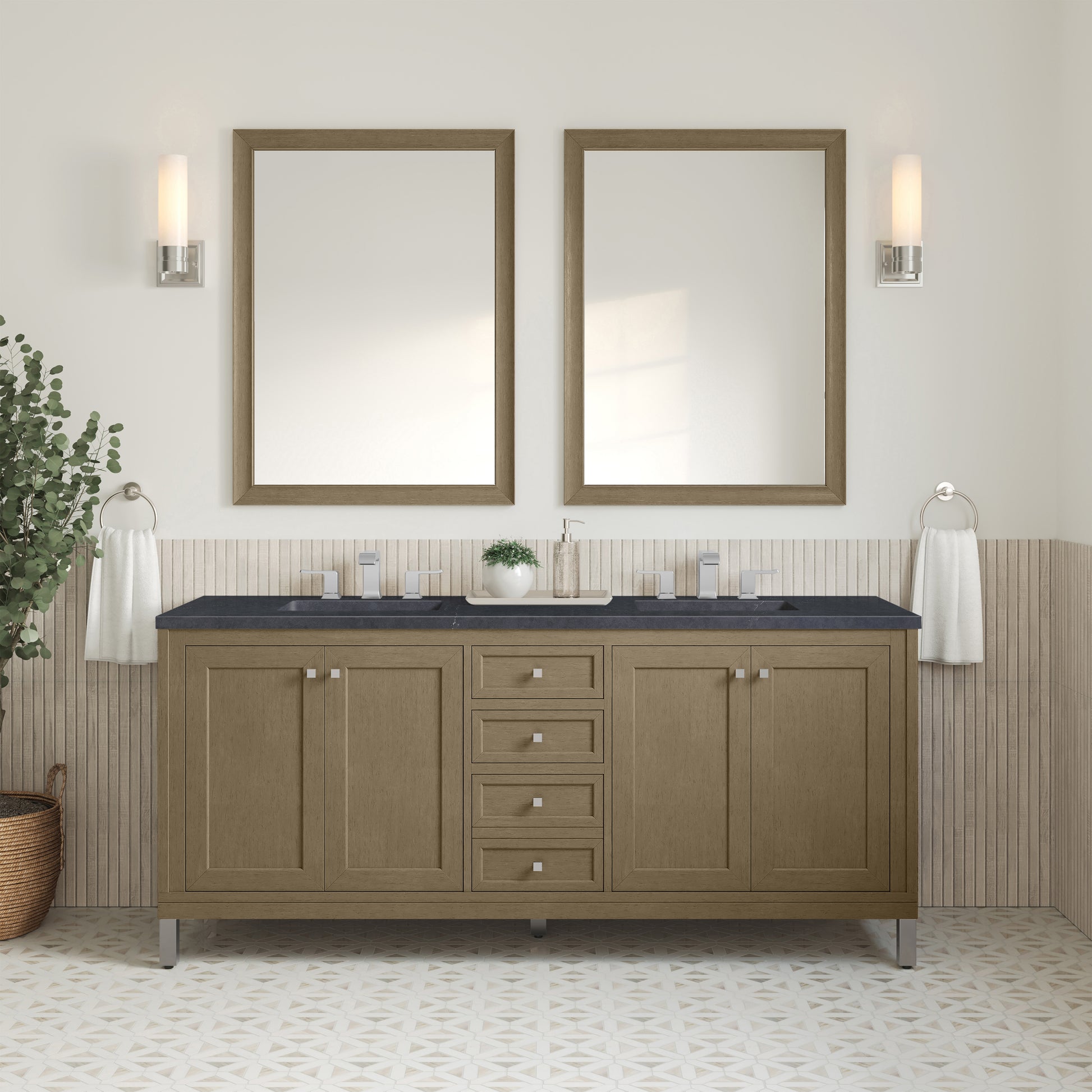Renovate for Less Atlanta Chicago 72" Double Vanity, Walnut Whisper, w/ 3 CM Charcoal Soapstone Silestone® Top