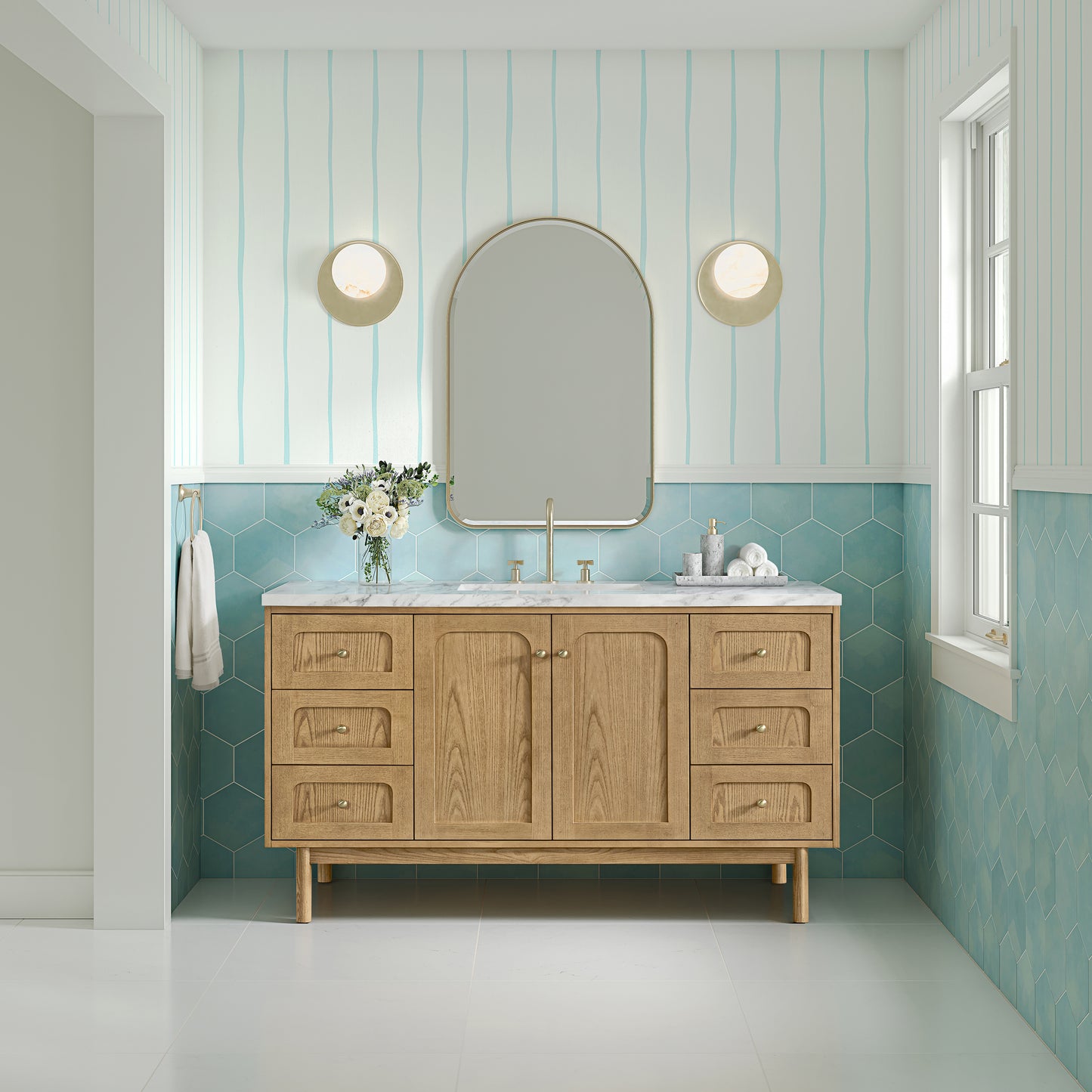 Renovate for Less Atlanta Laurent 60" Single Vanity, Light Natural Oak, w/ 3 CM Carrara Marble Top