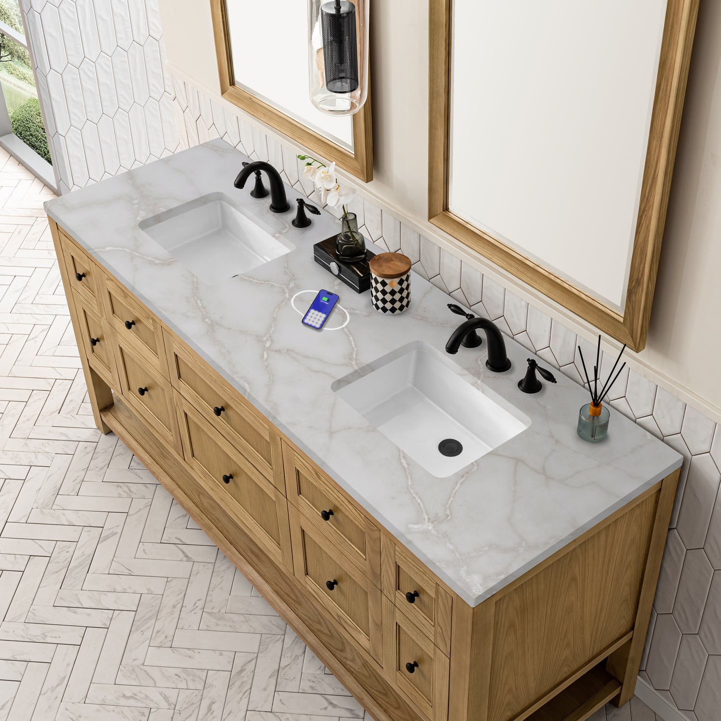Renovate for Less Atlanta Breckenridge 72" Double Vanity, Light Natural Oak w/ 3 CM Victorian Silver Top w/FreePower Wireless Charger
