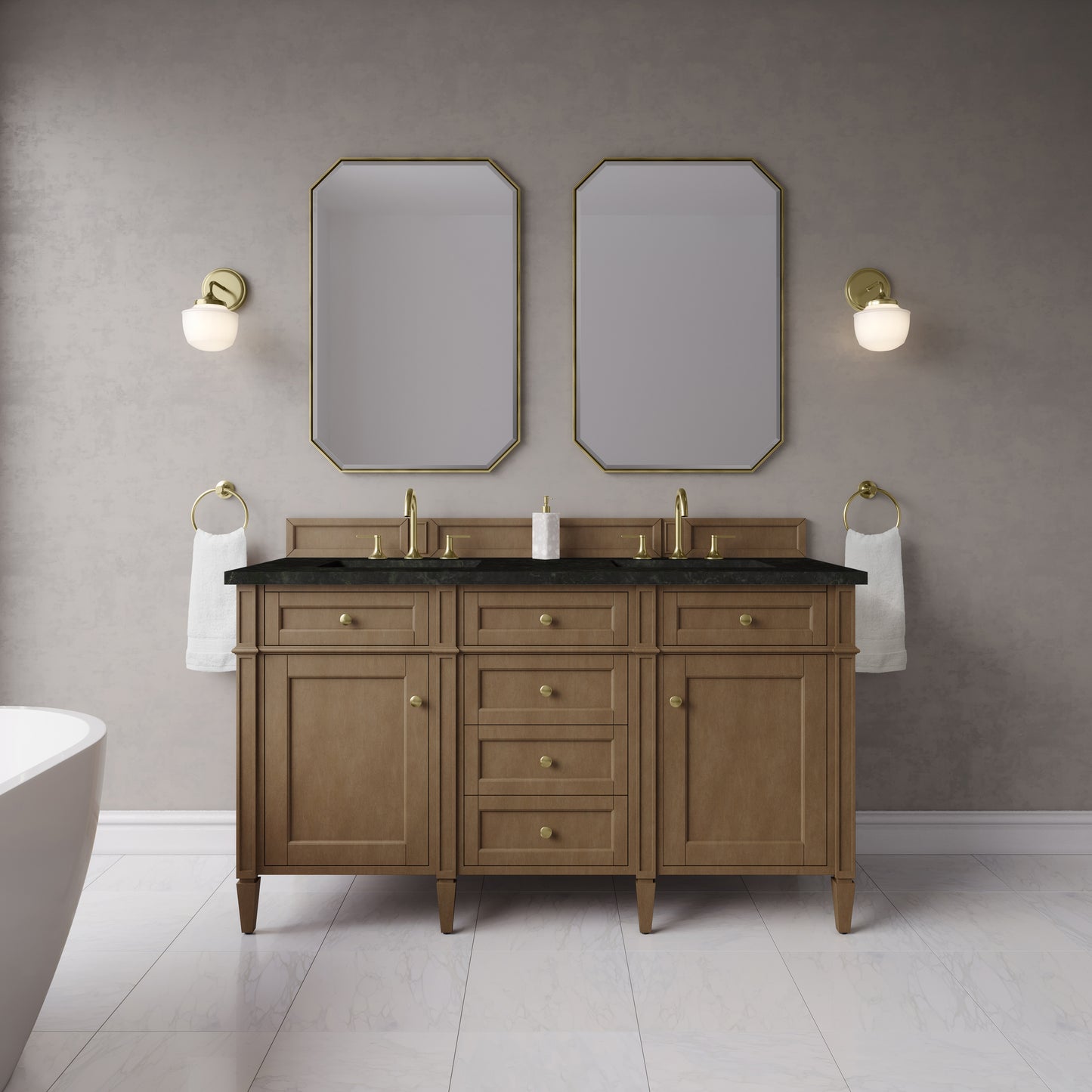 Renovate for Less Atlanta Brittany 60" Double Vanity, Pecan w/ 3 CM Phantome Eclos Top