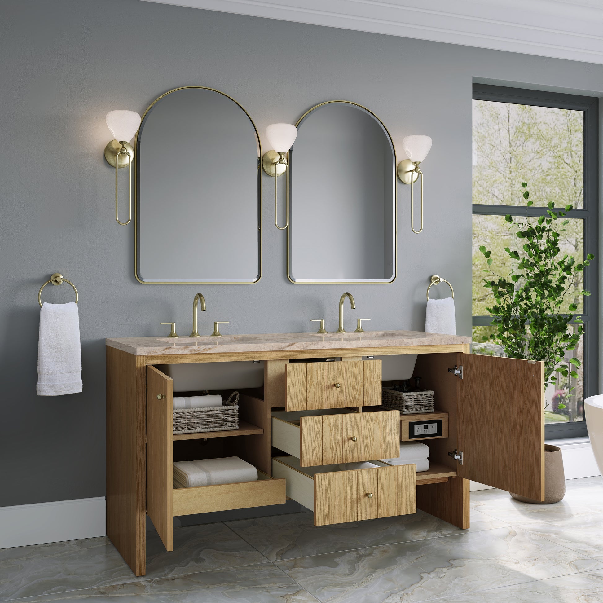Renovate for Less Atlanta Hudson 60" Double Vanity, Light Natural Oak, w/ 3 CM Tajnar Eclos Top