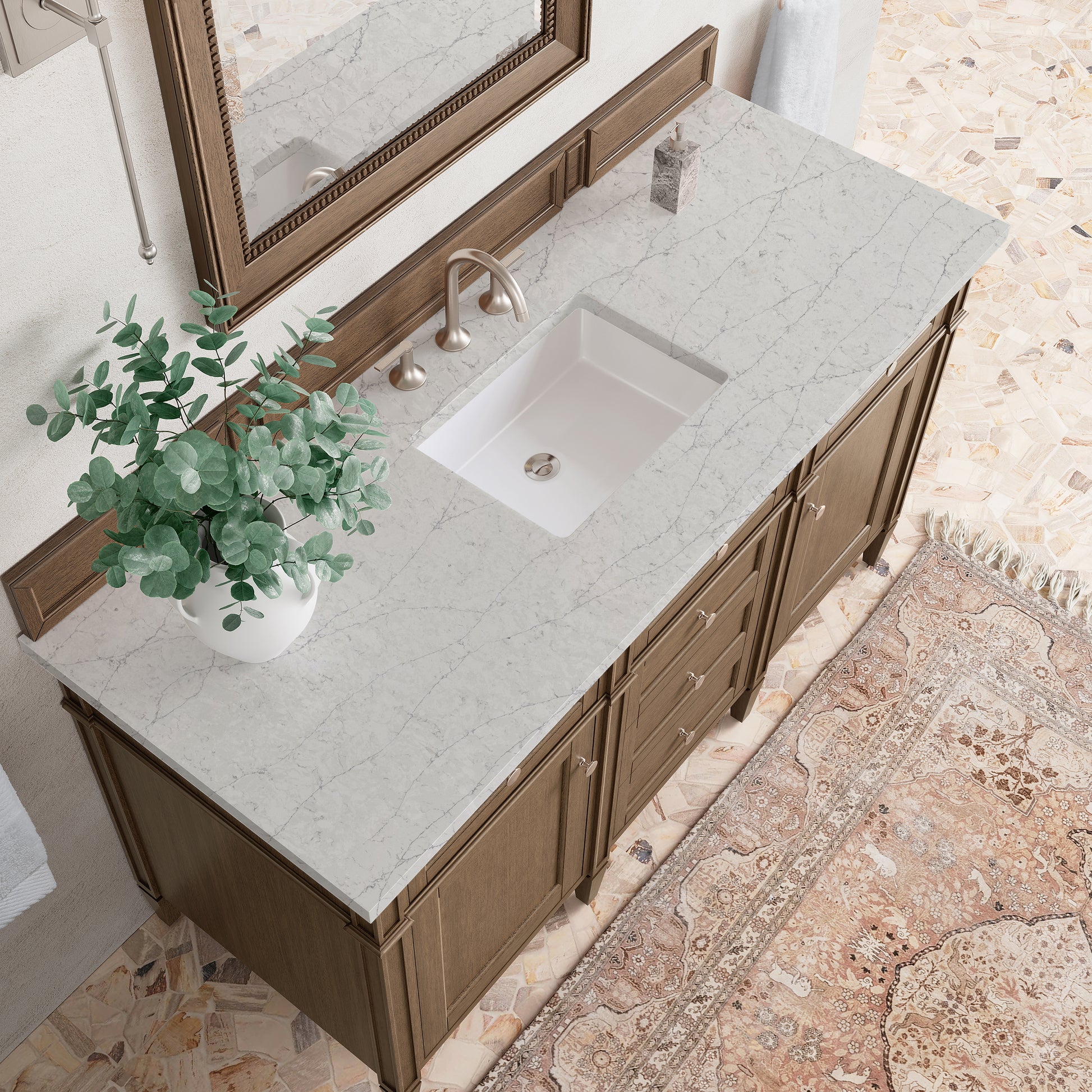 Renovate for Less Atlanta Brittany 60" Single Vanity, Saddle Brown w/ 3 CM Eternal Jasmine Pearl Silestone Top