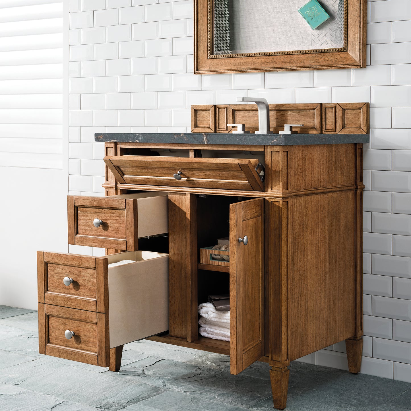 Renovate for Less Atlanta Brittany 30" Single Vanity, Saddle Brown, w/ 3 CM Parisien Bleu Silestone Top