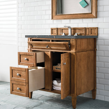 Renovate for Less Atlanta Brittany 30" Single Vanity, Saddle Brown, w/ 3 CM Parisien Bleu Silestone Top