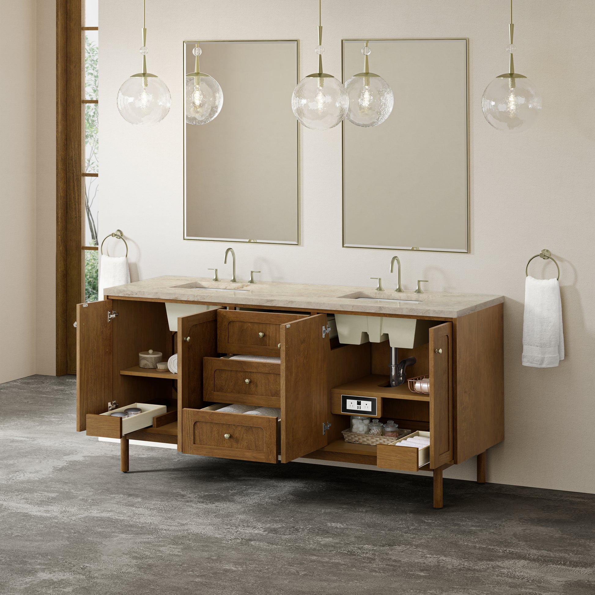 Renovate for Less Atlanta Laurent 72" Double Vanity, Honey Oak w/ 3 CM Tajnar Eclos Top w/FreePower Wireless Charger