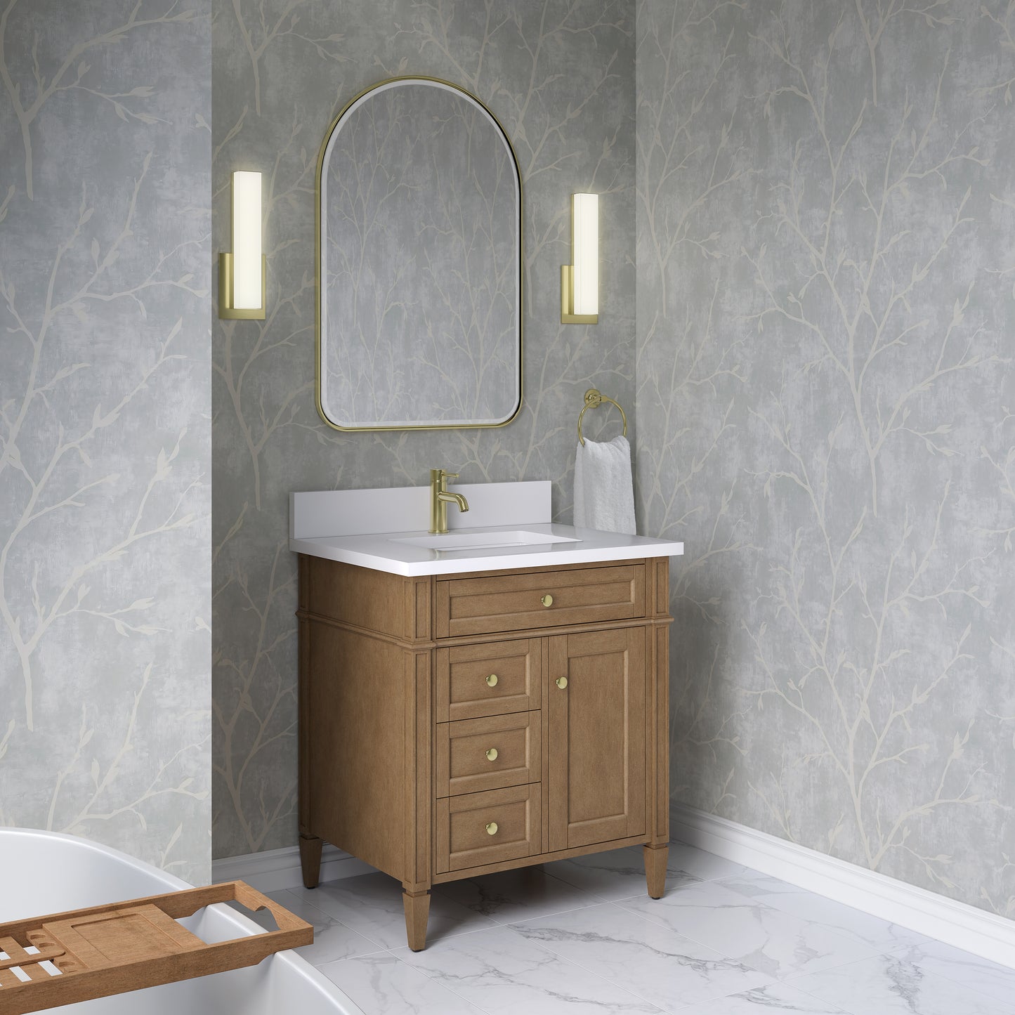 Renovate for Less Atlanta Brittany 30" Single Vanity, Pecan w/ Single Hole 3 CM White Zeus Silestone Top and Matching Backsplash