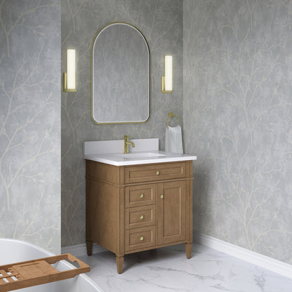Renovate for Less Atlanta Brittany 30" Single Vanity, Pecan w/ Single Hole 3 CM White Zeus Silestone Top and Matching Backsplash
