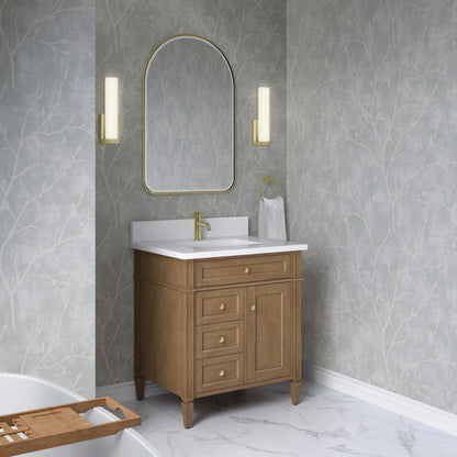Brittany 30" Single Vanity, Pecan w/ Single Hole 3 CM White Zeus Silestone Top and Matching Backsplash