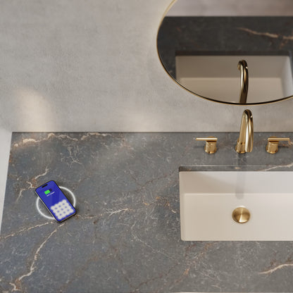 Renovate for Less Atlanta Brookfield 60" Single Vanity, Honey Oak w/ 3 CM Parisien Bleu Silestone Top w/ FreePower Wireless Charger