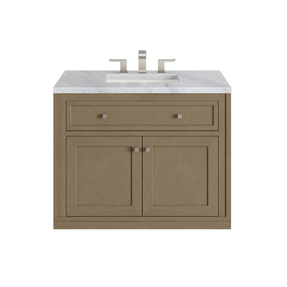 Renovate for Less Atlanta Chicago 36" Single Vanity, Walnut Whisper, w/ 3 CM Carrara Marble Top