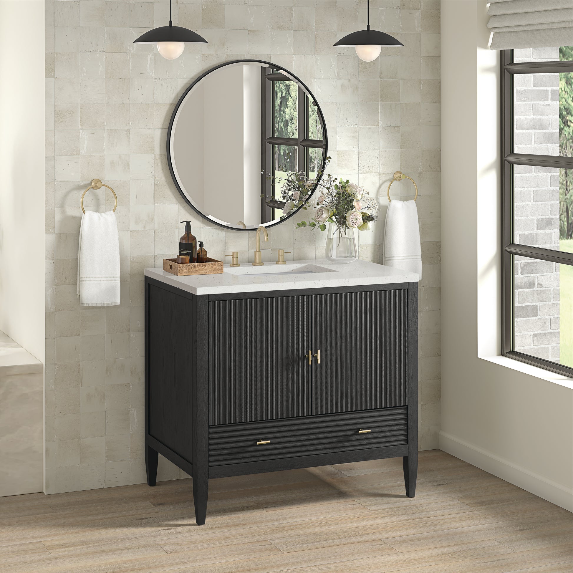 Renovate for Less Atlanta Myrrin 36" Vanity, Carbon Oak w/ 3 CM Lime Delight Silestone Top