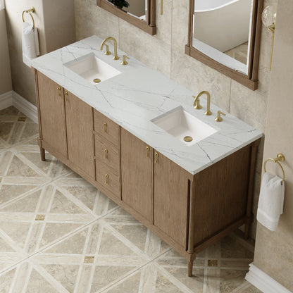 Renovate for Less Atlanta Kinnsden 72" Double Vanity, Weathered Oak w/ 3 CM Ethereal Noctis Silestone Top