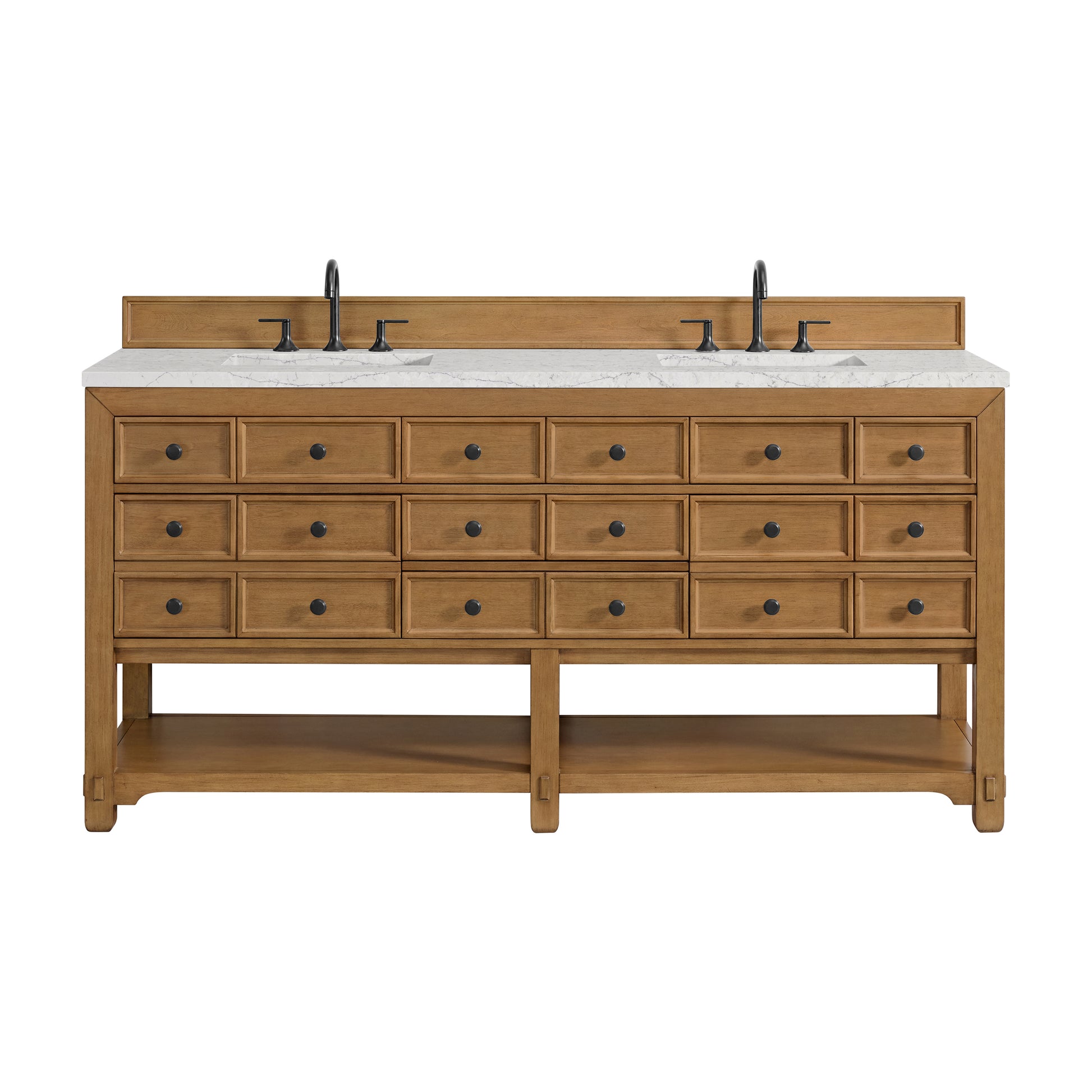 Renovate for Less Atlanta Malibu 72" Double Vanity, Amber Birch w/ 3 CM Eternal Jasmine Pearl Top