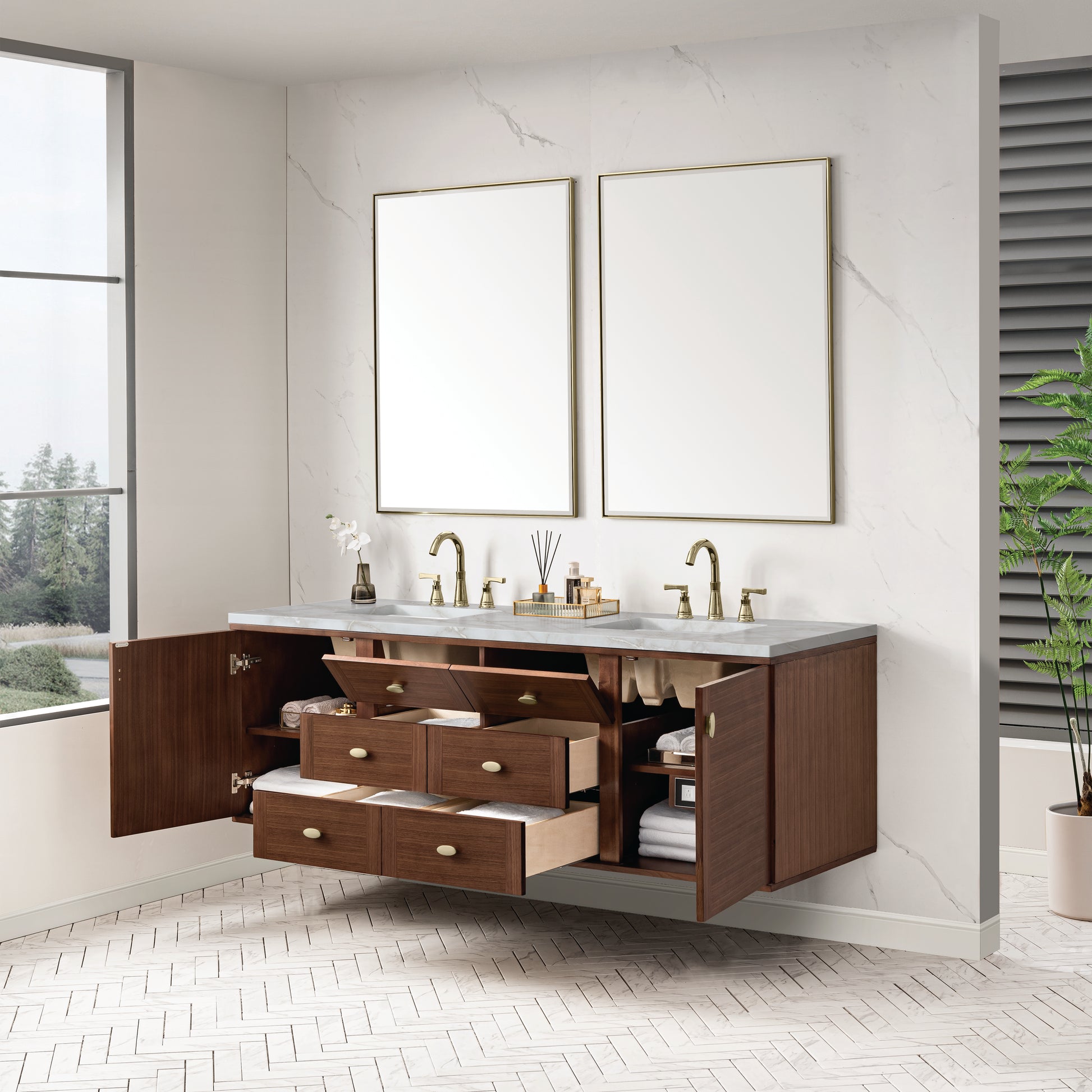 Renovate for Less Atlanta Amberly 72" Double Vanity, Mid-Century Walnut w/ 3 CM Victorian Silver Top w/FreePower Wireless Charger