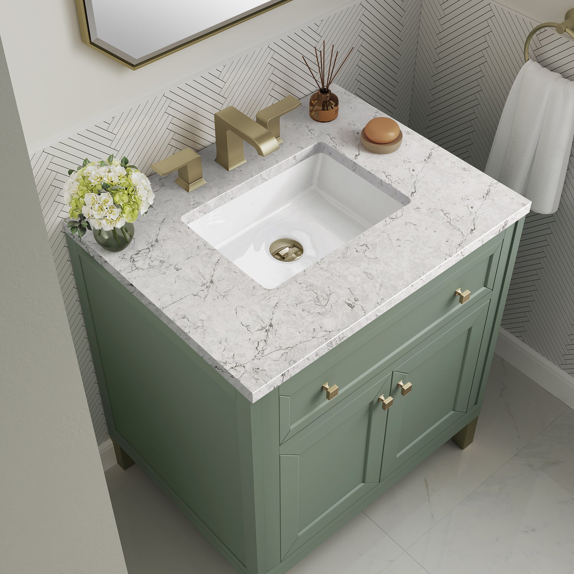 Renovate for Less Atlanta Chicago 30" Single Vanity, Smokey Celadon, w/ 3 CM Eternal Jasmine Pearl Silestone® Top