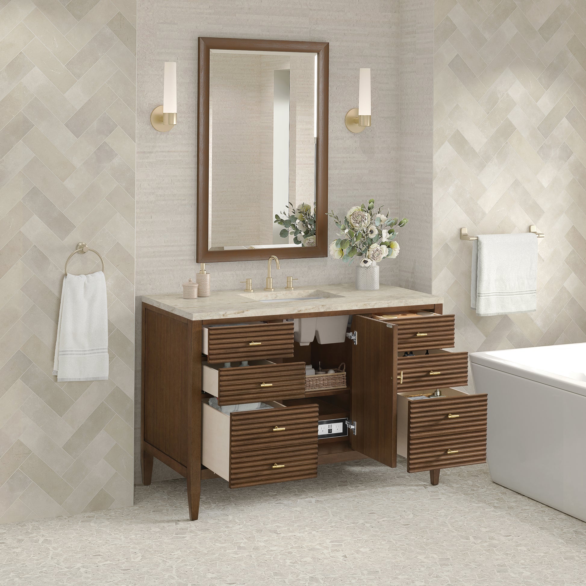 Renovate for Less Atlanta Myrrin 48" Single Vanity, Mid Century Walnut, w/ 3 CM Tajnar Eclos Top w/FreePower Wireless Charger