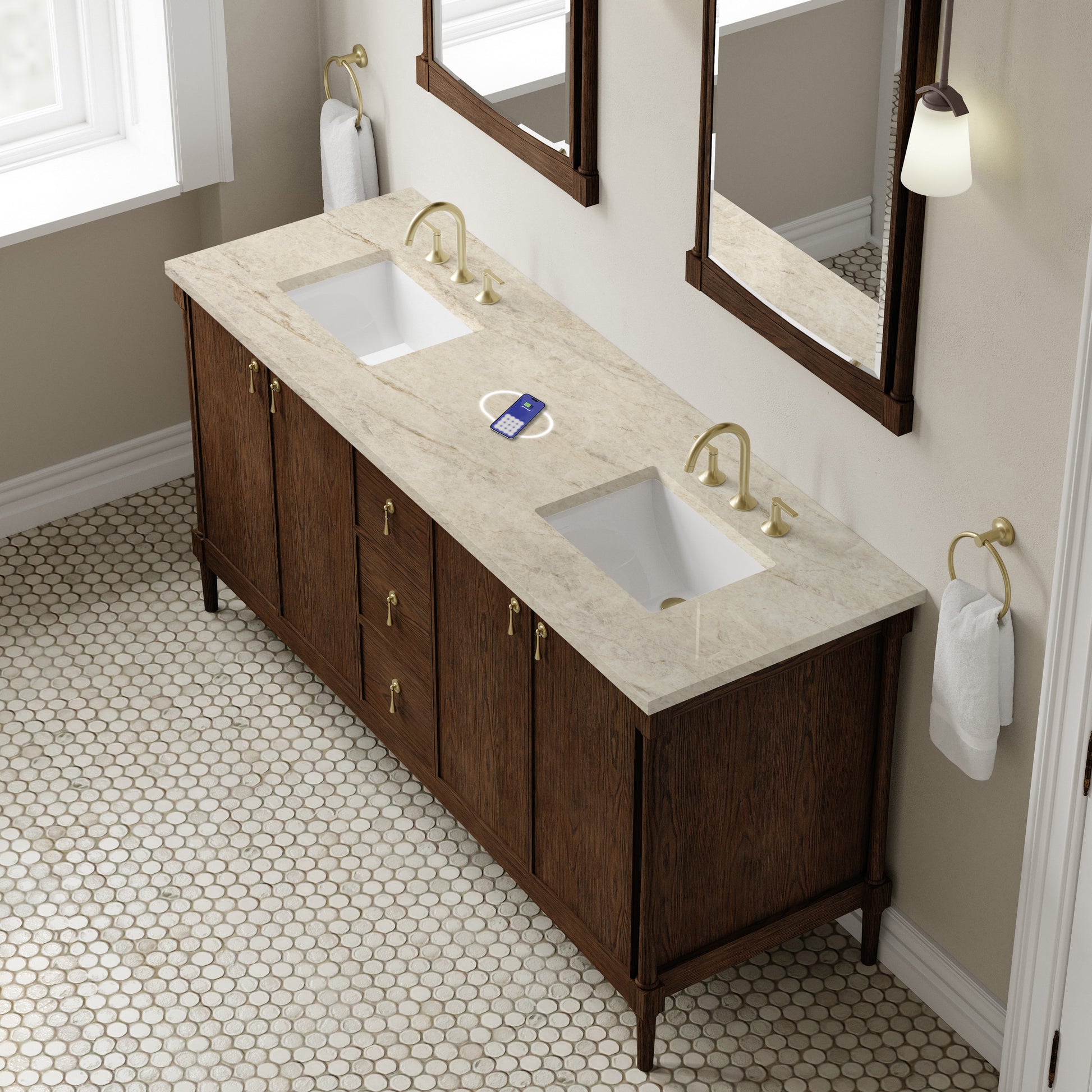 Renovate for Less Atlanta Kinnsden 72" Double Vanity, Sable Oak w/ 3 CM Tajnar Eclos Top w/FreePower Wireless Charger