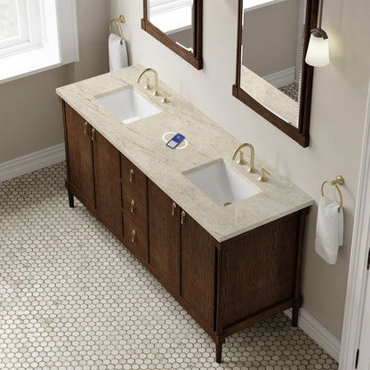 Renovate for Less Atlanta Kinnsden 72" Double Vanity, Sable Oak w/ 3 CM Tajnar Eclos Top w/FreePower Wireless Charger