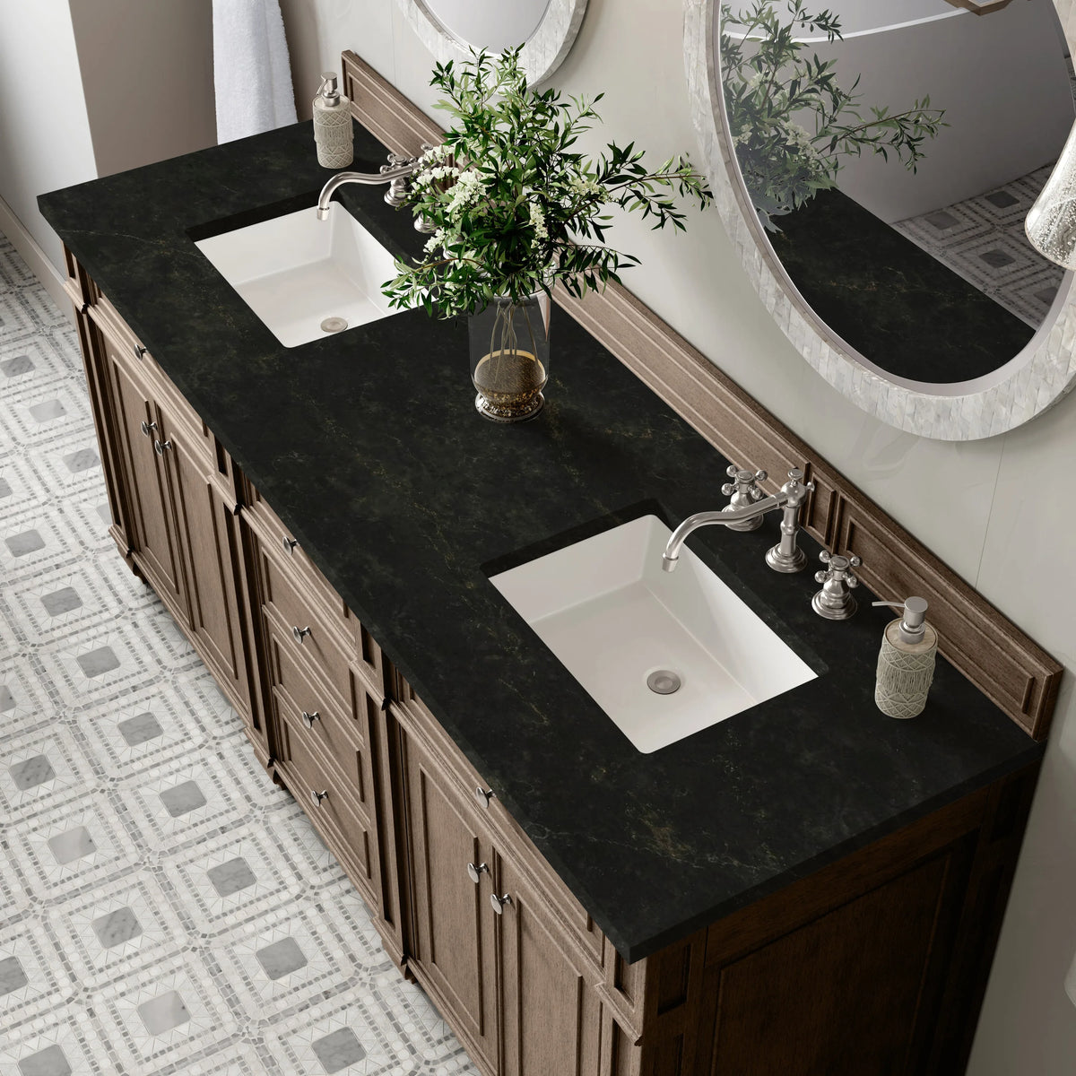 Bristol 72" Double Vanity, Whitewashed Walnut, w/ 3 CM Phantome Eclos Top
