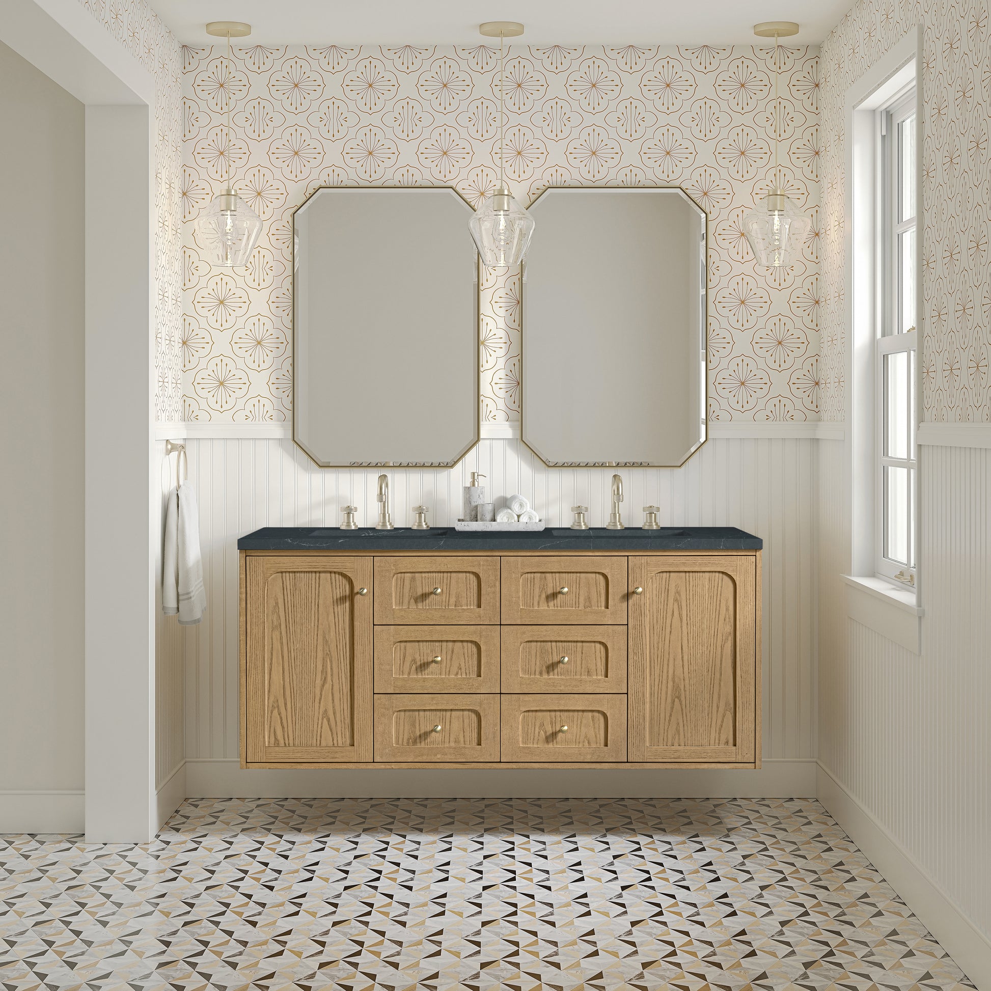 Renovate for Less Atlanta Laurent 60" Double Vanity, Light Natural Oak, w/ 3 CM Charcoal Soapstone Quartz Top