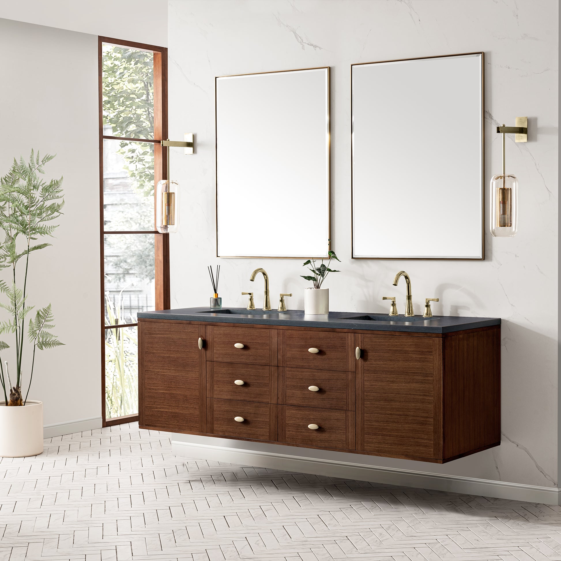 Renovate for Less Atlanta Amberly 72" Double Vanity, Mid-Century Walnut w/ 3 CM Charcoal Soapstone Top