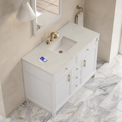 Renovate for Less Atlanta Bellshire 48" Single Vanity, Bright White w/ 3 CM Siberian Silestone Top w/FreePower Wireless Charger