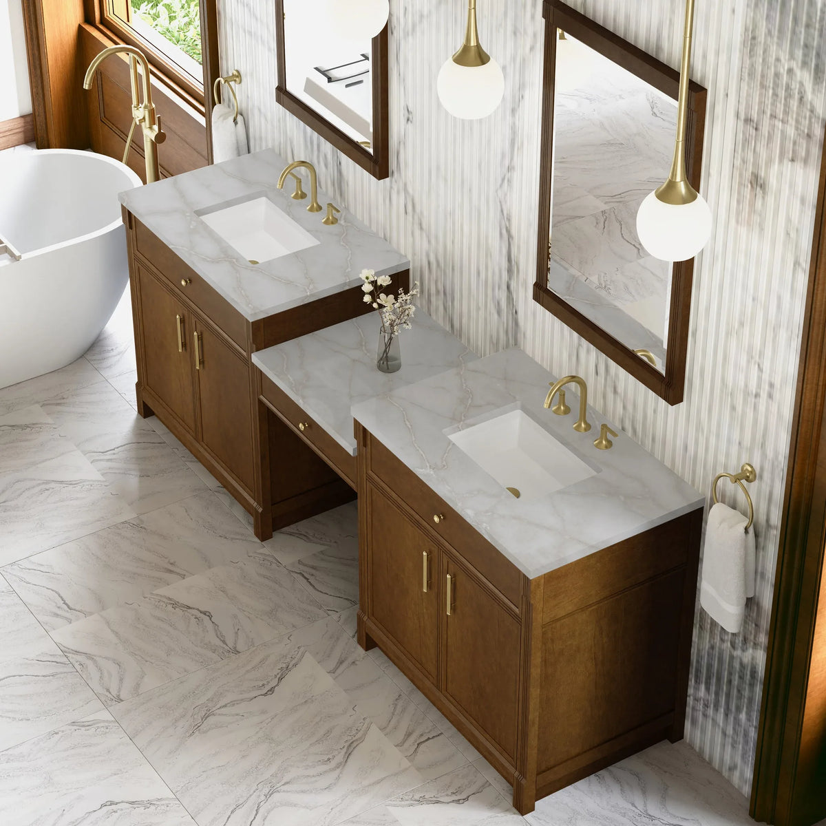 Bellshire 96" Dual Vanity Set with 24" Make-Up Counter, Honey Oak w/3 cm Victorian Silver Silestone Top