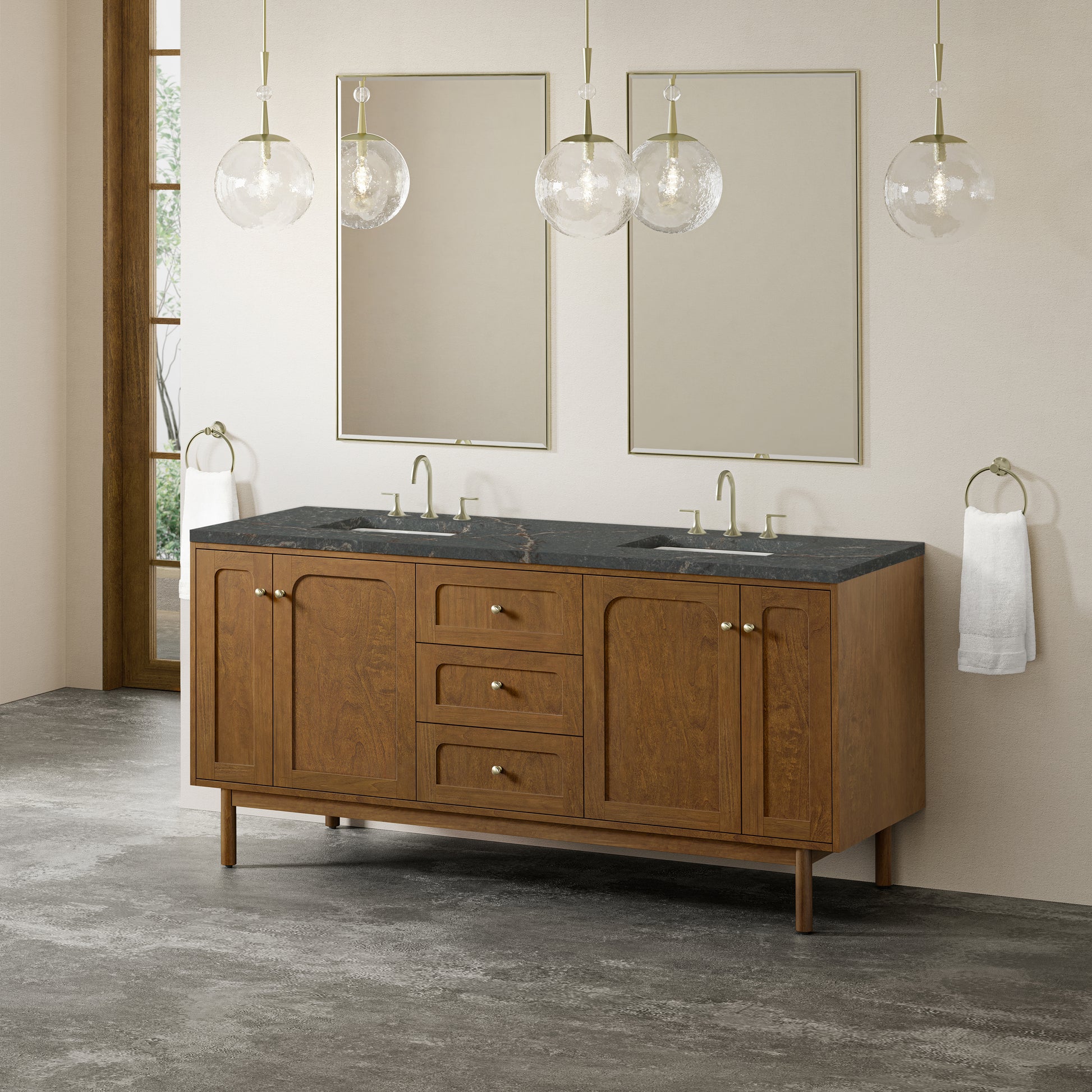 Renovate for Less Atlanta Laurent 72" Double Vanity, Honey Oak w/ 3 CM Parisien Bleu Silestone Top w/FreePower Wireless Charger