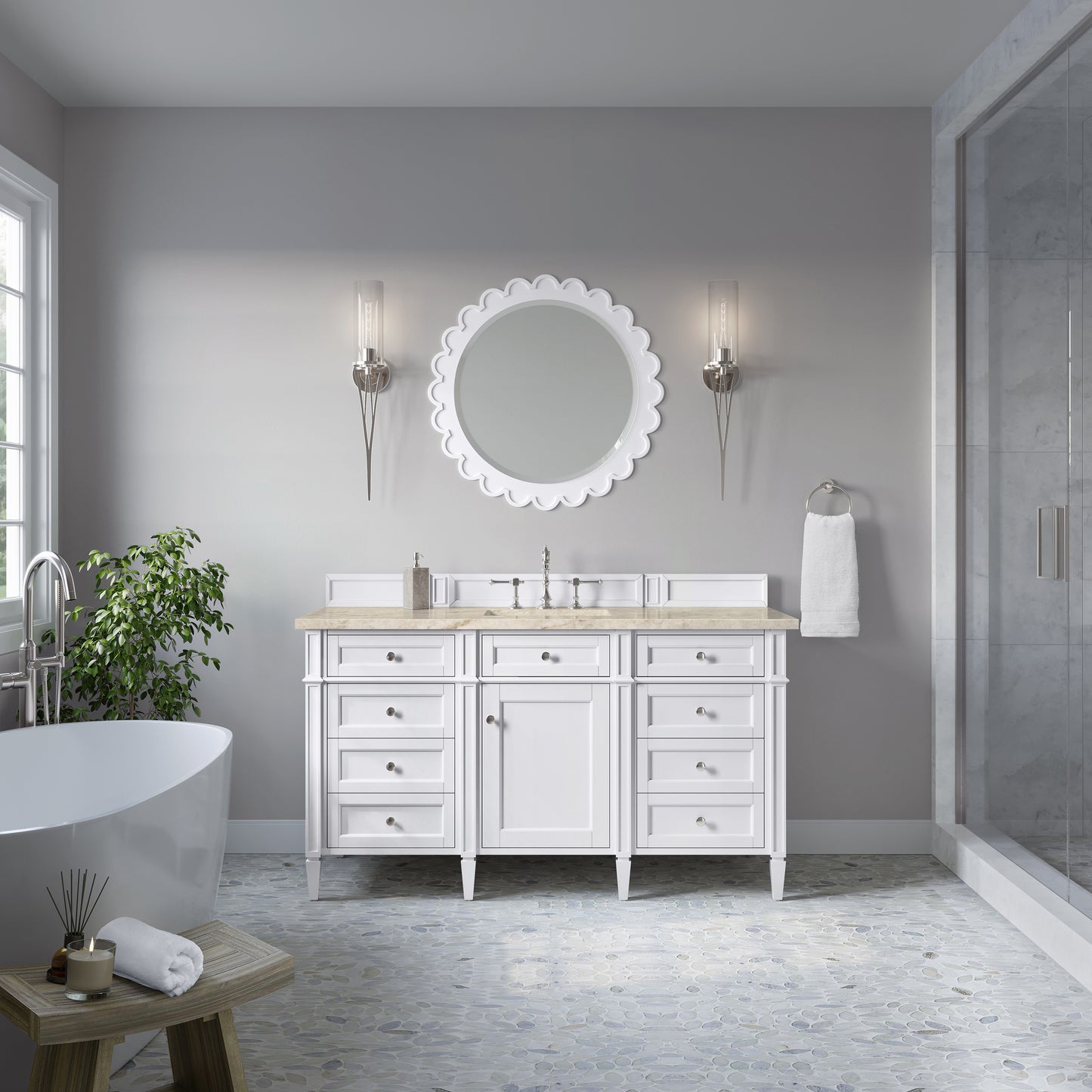 Renovate for Less Atlanta Brittany 60" Single Vanity in Bright White, w/ 3 CM Tajnar Eclos Top
